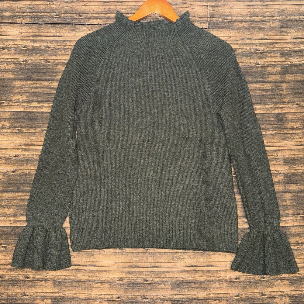Banana Republic Forest Green Sweater Women Sz M Wool Cashmere Ruffle Sleeve Neck